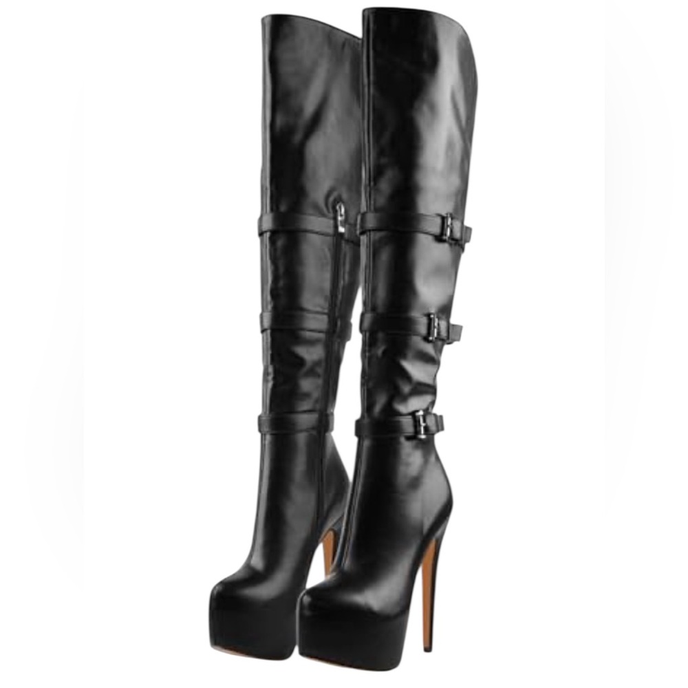 Women’s Platform Round Toe Stiletto Over The Knee Thigh Boots In Black